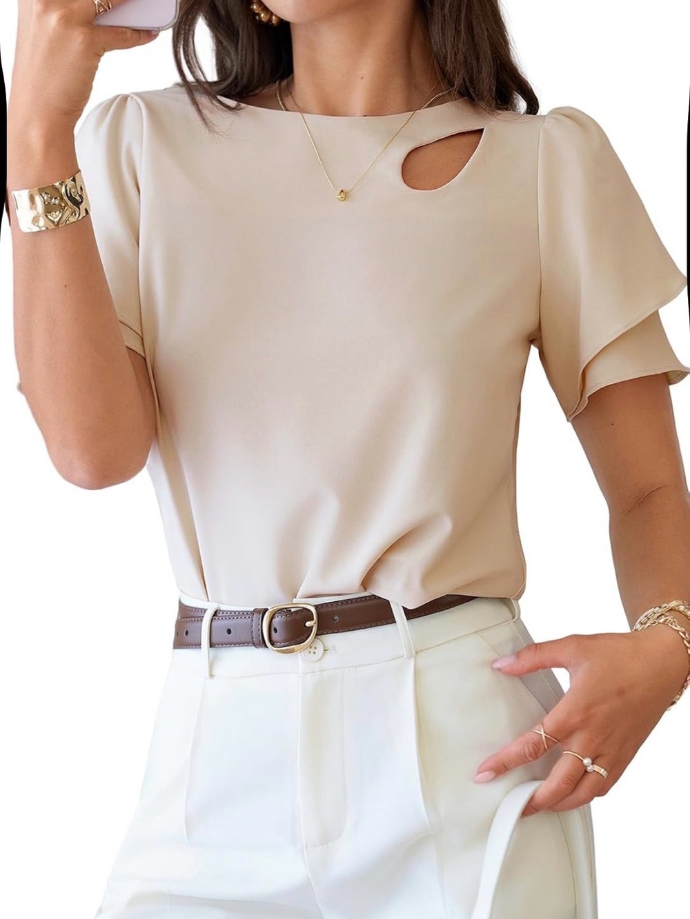 Women's Cream Short Sleeve Cutout Blouse